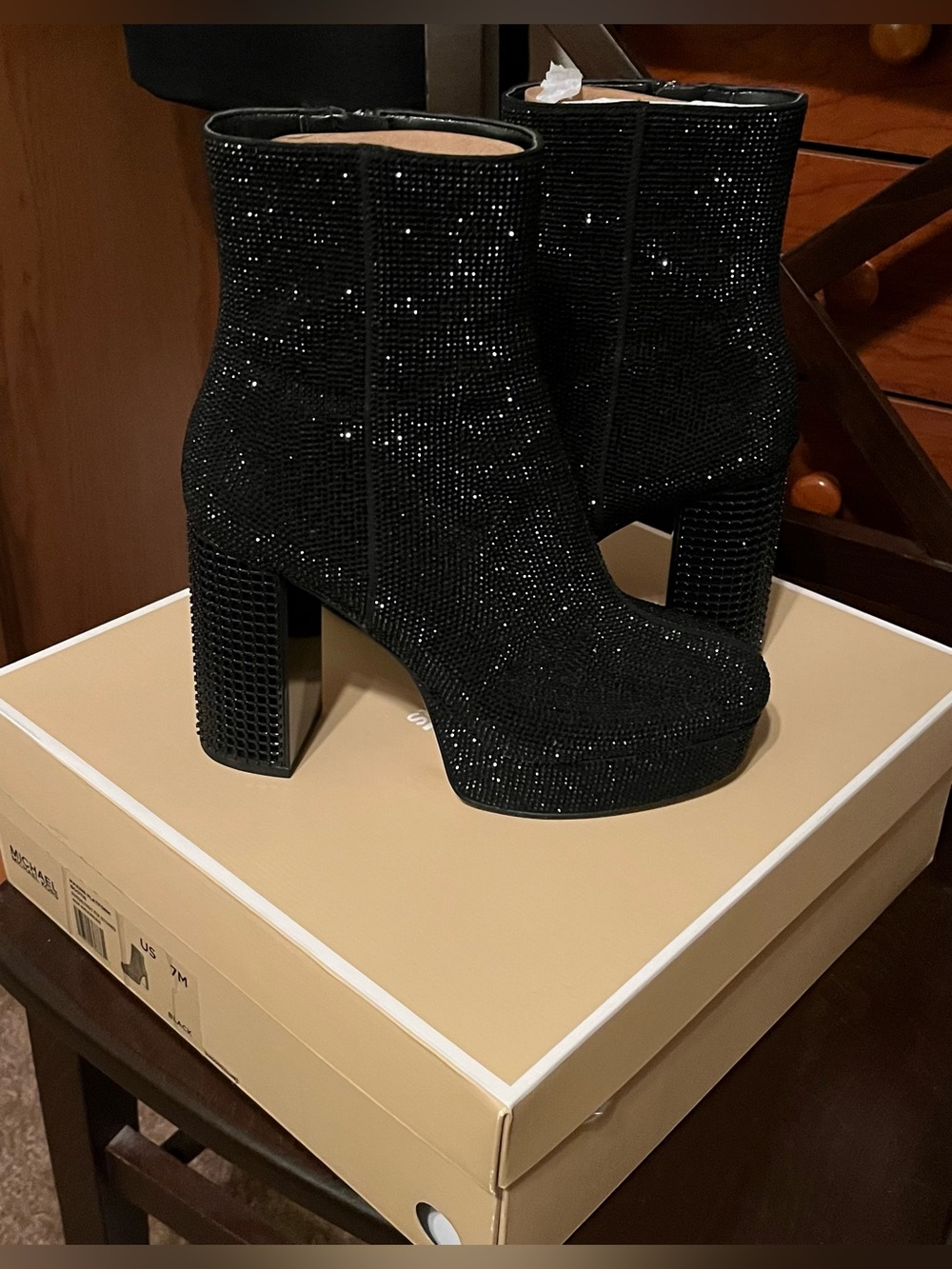 Michael Kors Maxine Black Rhinestone Platform Ankle Boots - Picture 5 of 9